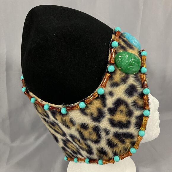 Egyptian Scarab Hat Headdress Fitted Womens Leopard Print Beaded Turquoise Black - Picture 4 of 16